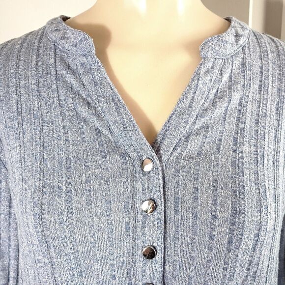 Cocomo Blue and Silver V Neck Swing Sweater Ribbed Button Up Roll Tab Sleeve L - Picture 3 of 9